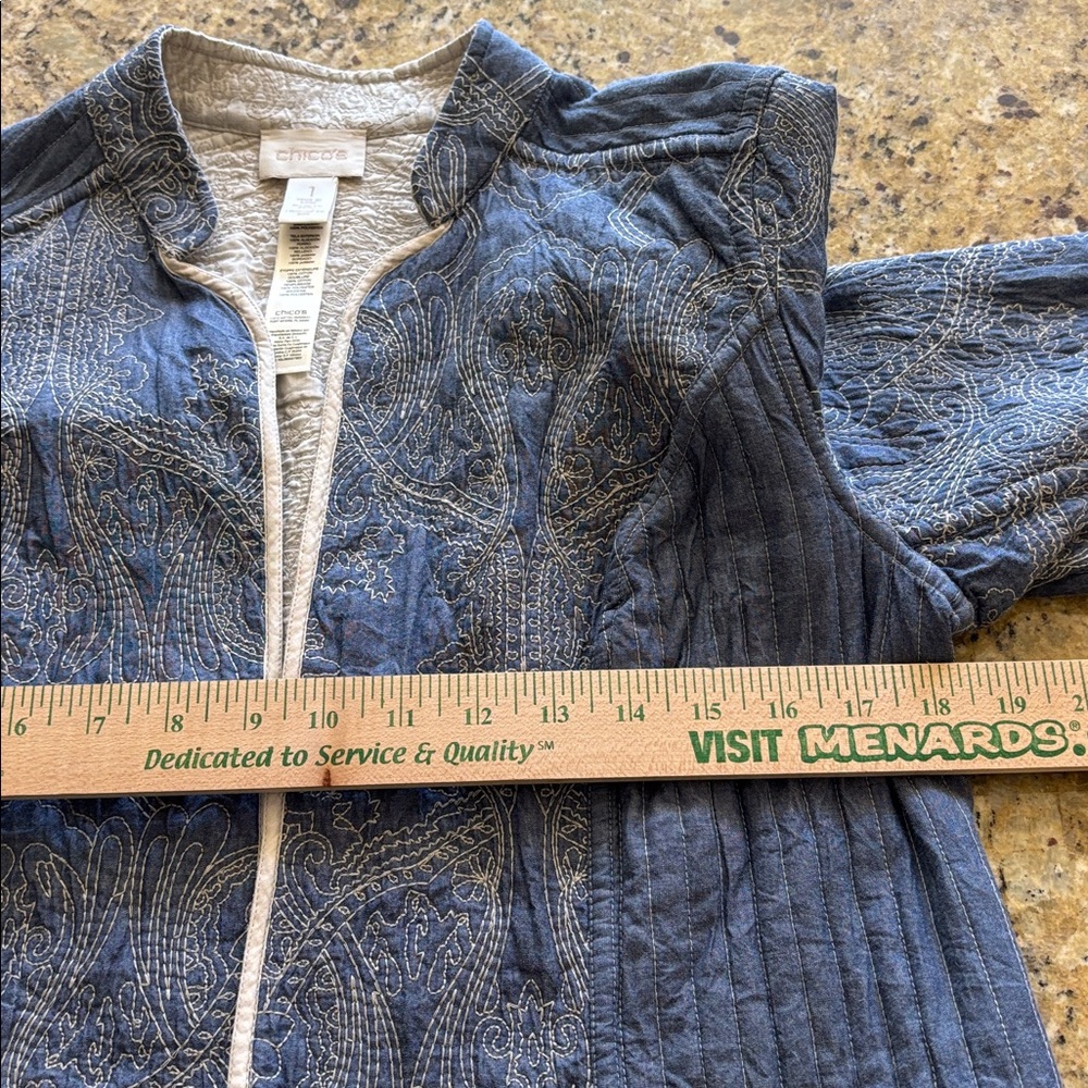 Quilted Paisley Brocade Floral chambray Open Front y2k Jacket coat Medium Chicos - Picture 7 of 8